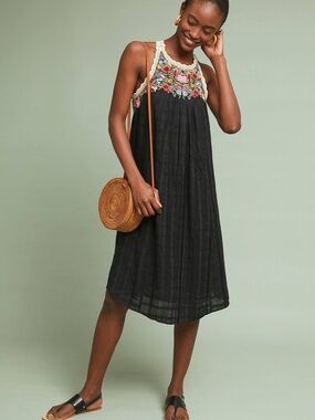 Anthropologie Akemi + Kin Mosley Floral Multicolor Embroidered Black Dress XS